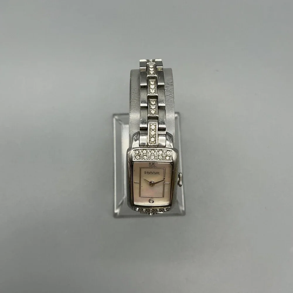 Fossil Womens Watch 17mm White MOP Dial Silver Tone Crystal New Battery 6.5
